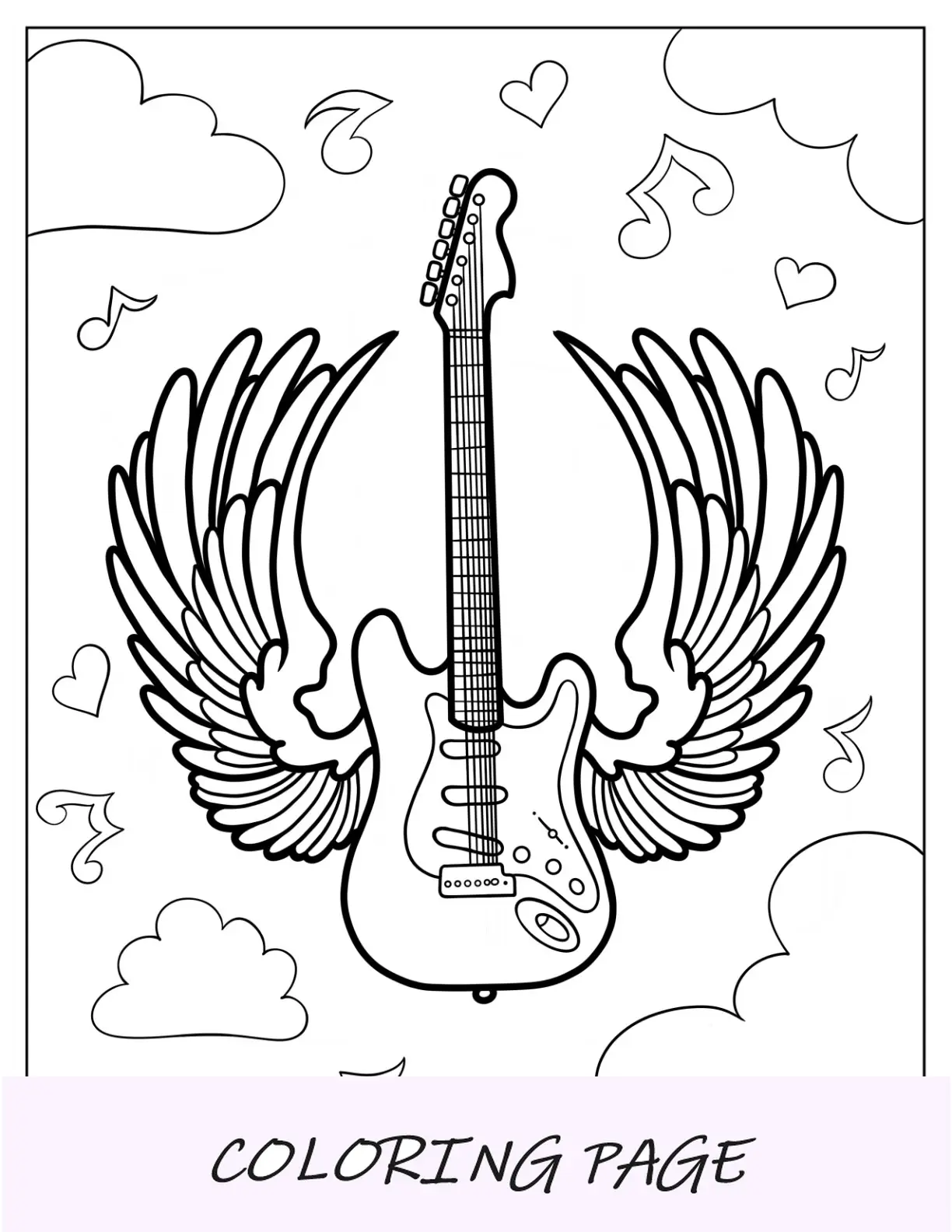 Fantastica pagina da colorare per chitarra elettrica sul palco con un amplificatore