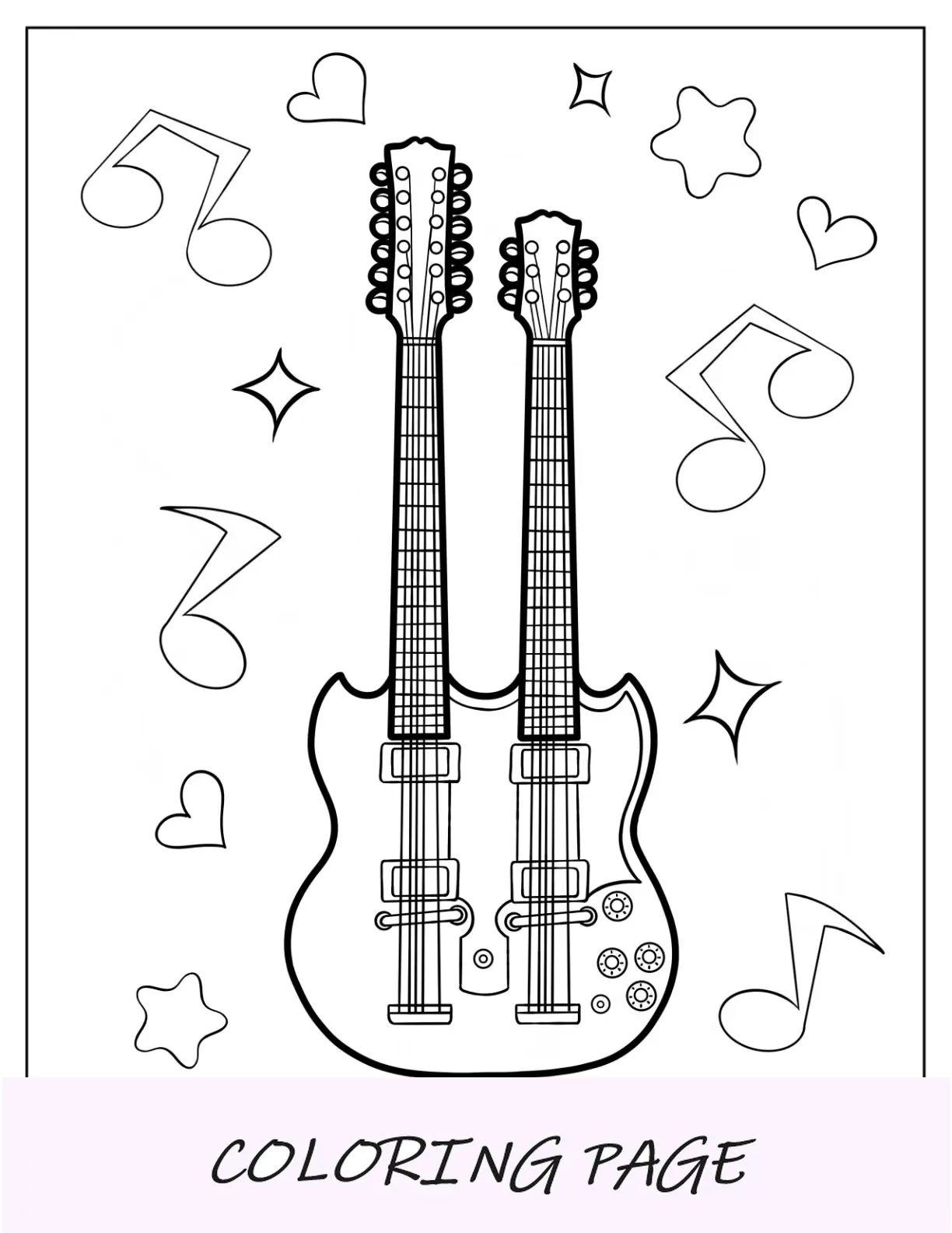 Pagina da colorare di chitarra hippie sulla spiaggia