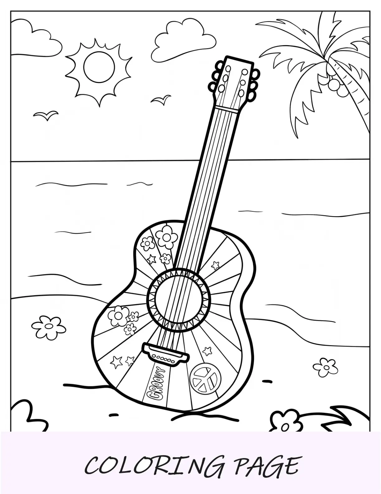 Ragazzo felice che suona la chitarra da colorare per bambini in età prescolare