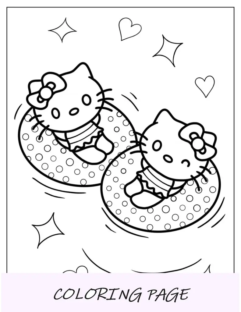 Folha para colorir de Hello Kitty e Mimmy na piscina