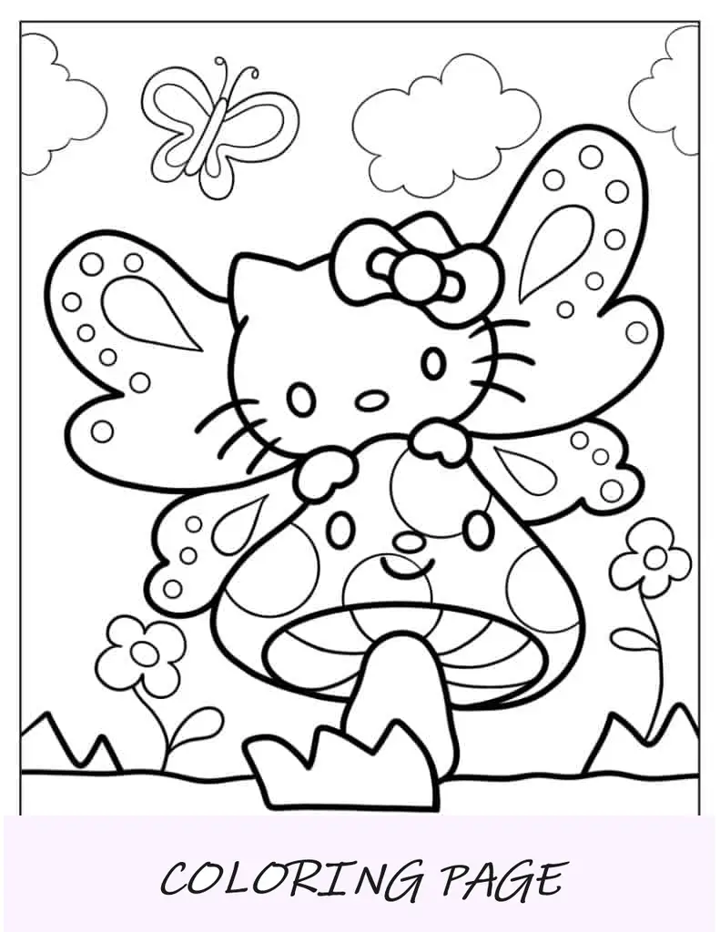 Borboleta Hello Kitty abraçando cogumelo para colorir