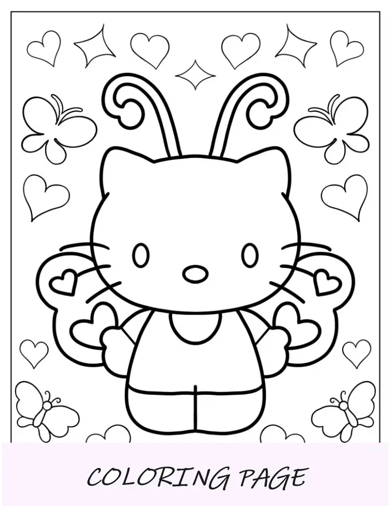 Página para colorir da Hello Kitty com asas de borboleta