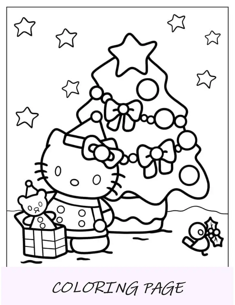 Hello Kitty com presente e árvore de Natal para colorir