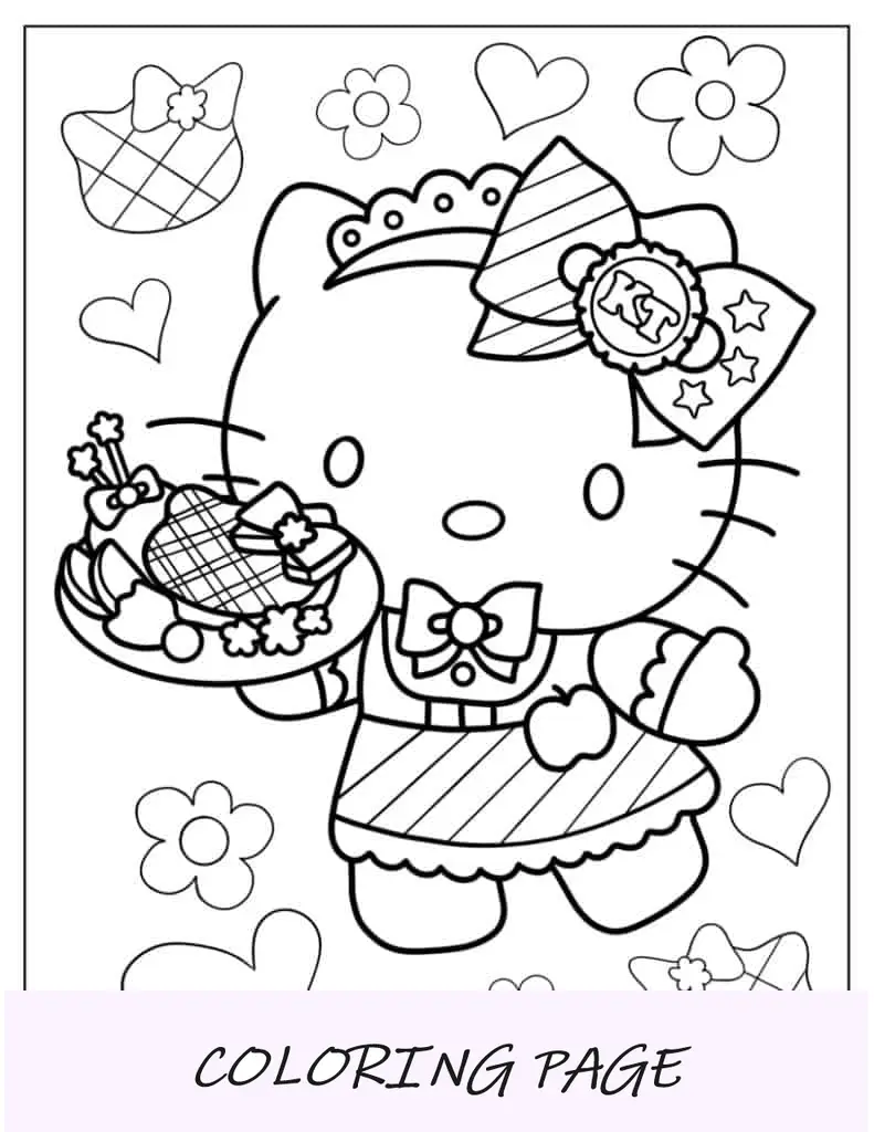 Folha para colorir de bolo de serviço de garçonete Hello Kitty
