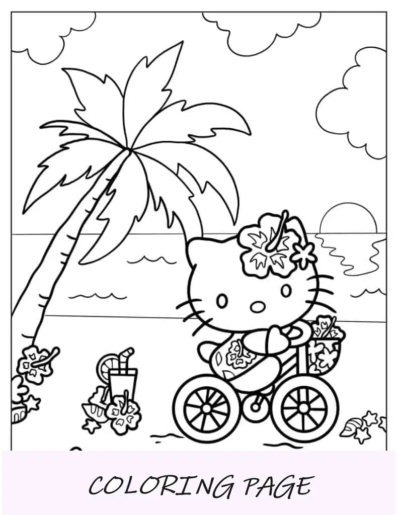 Hello Kitty andando de bicicleta na praia para colorir
