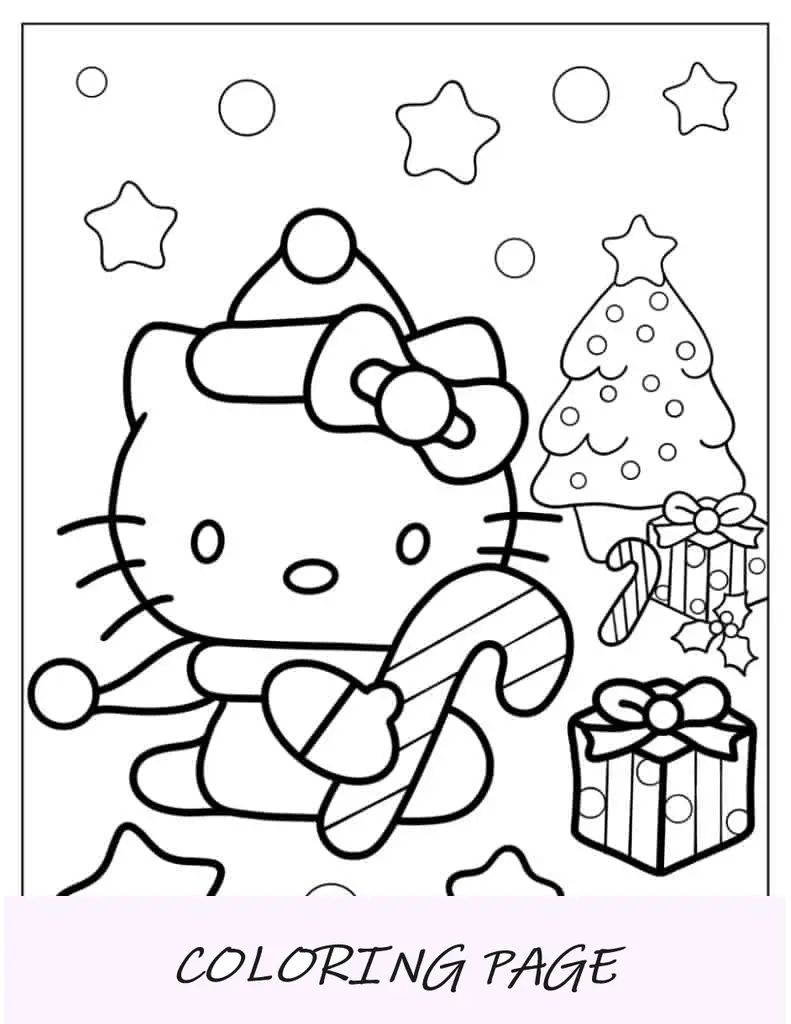 Hello Kitty segurando um bastão de doces no Natal