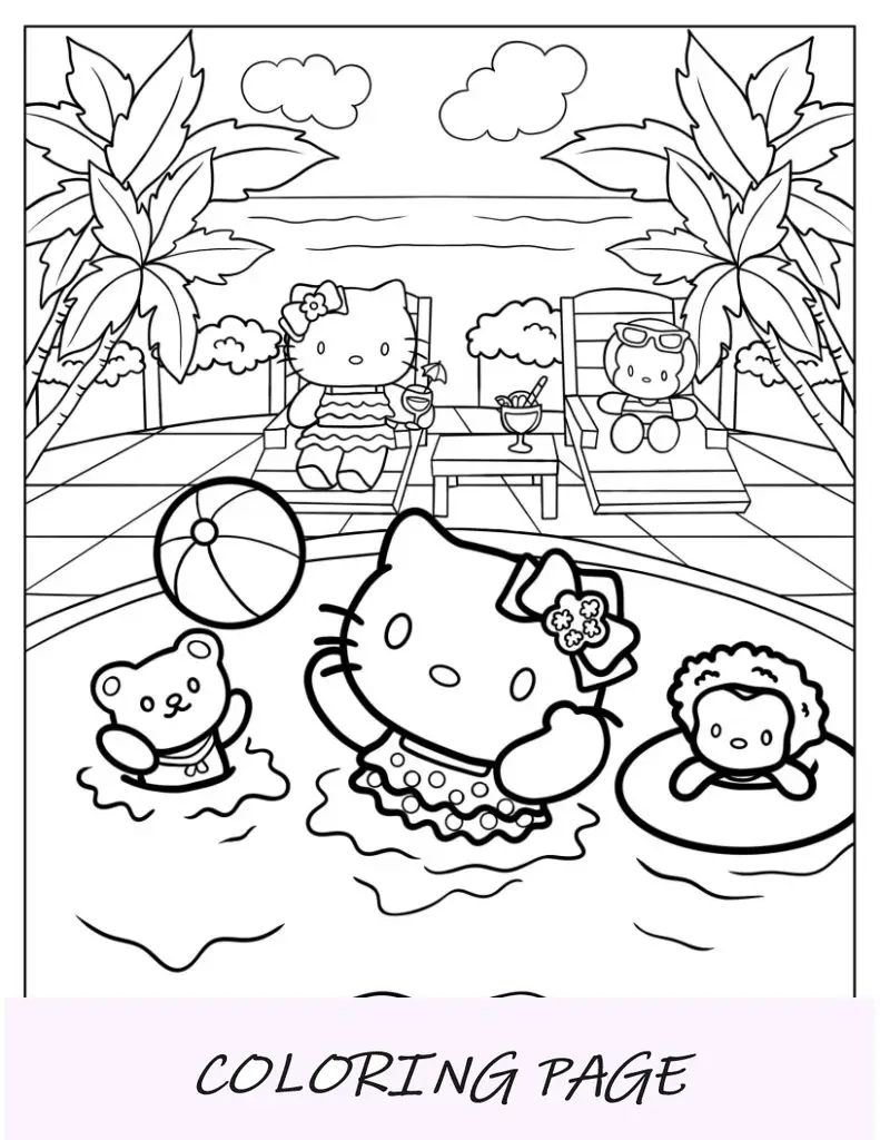 Hello Kitty brincando na piscina com os amigos