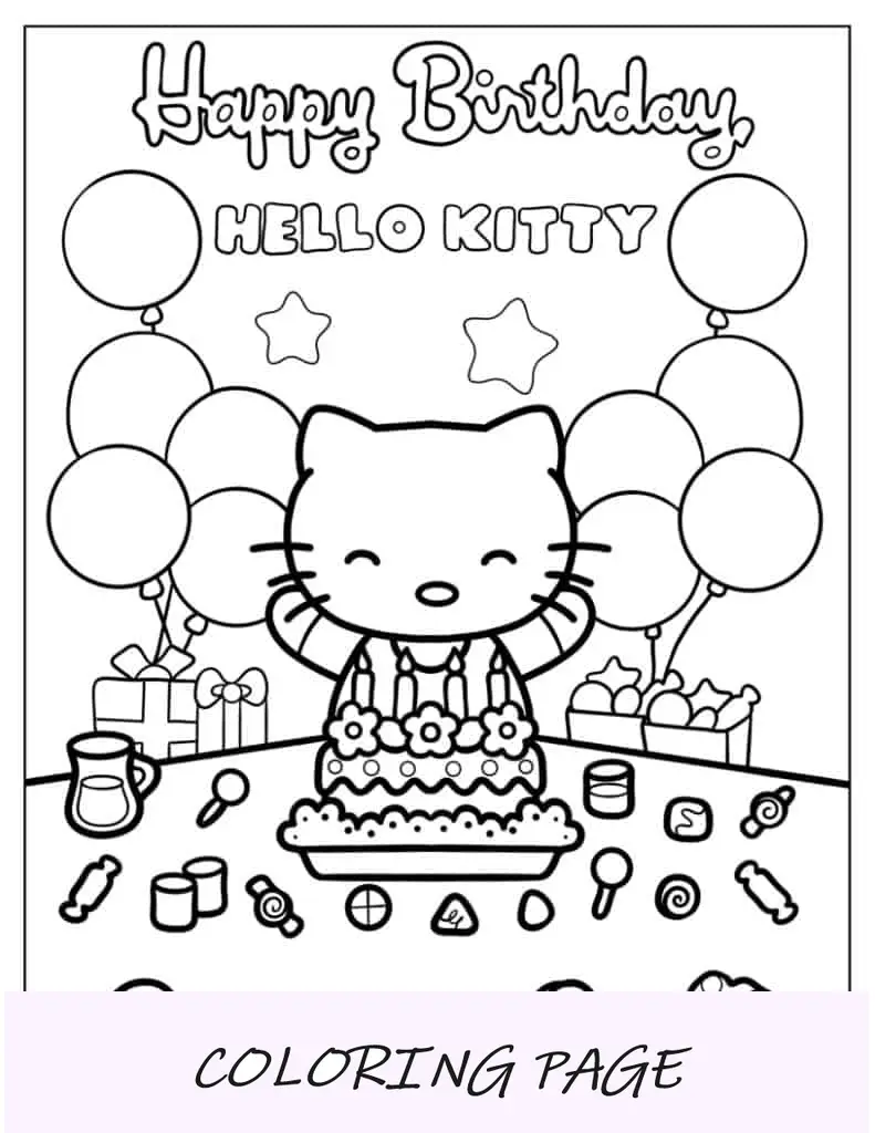 Olá Kitty Feliz Aniversário para colorir