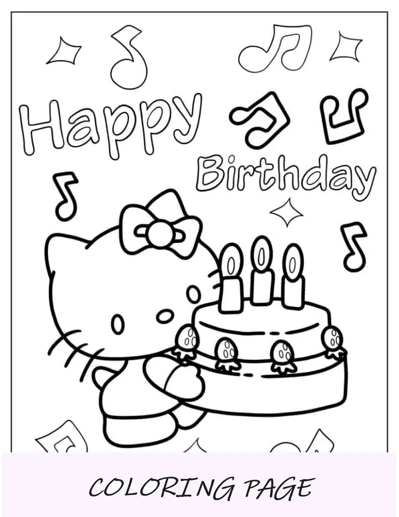 Hello Kitty carregando bolo de aniversário