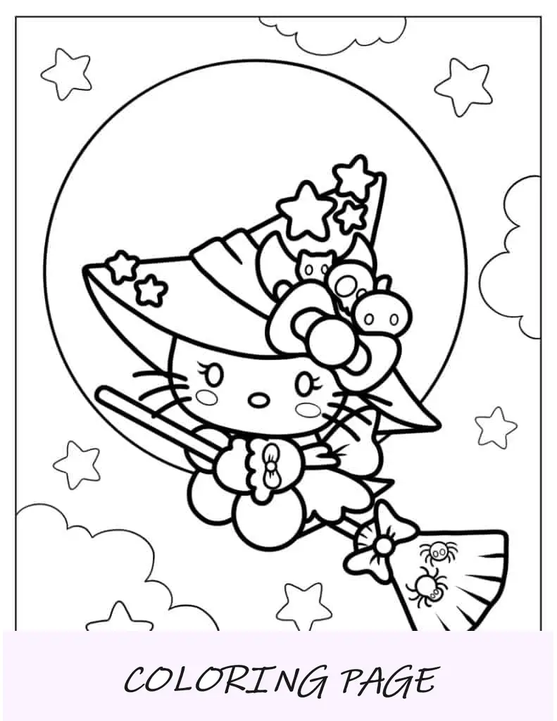 Página para colorir de Halloween da bruxa Hello Kitty