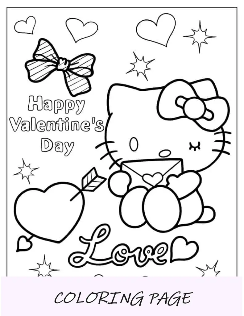 Folha para colorir da Hello Kitty com cartão de dia dos namorados