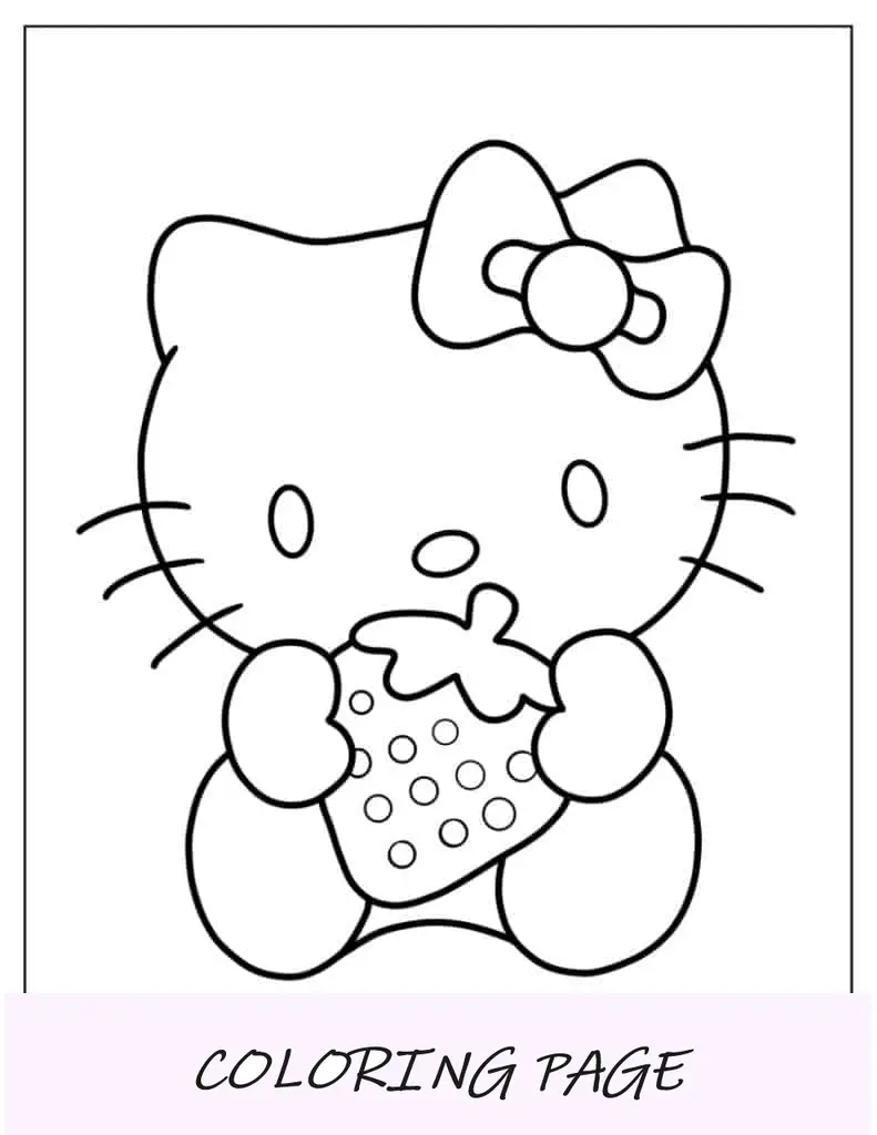 Folha para colorir da Hello Kitty segurando morango