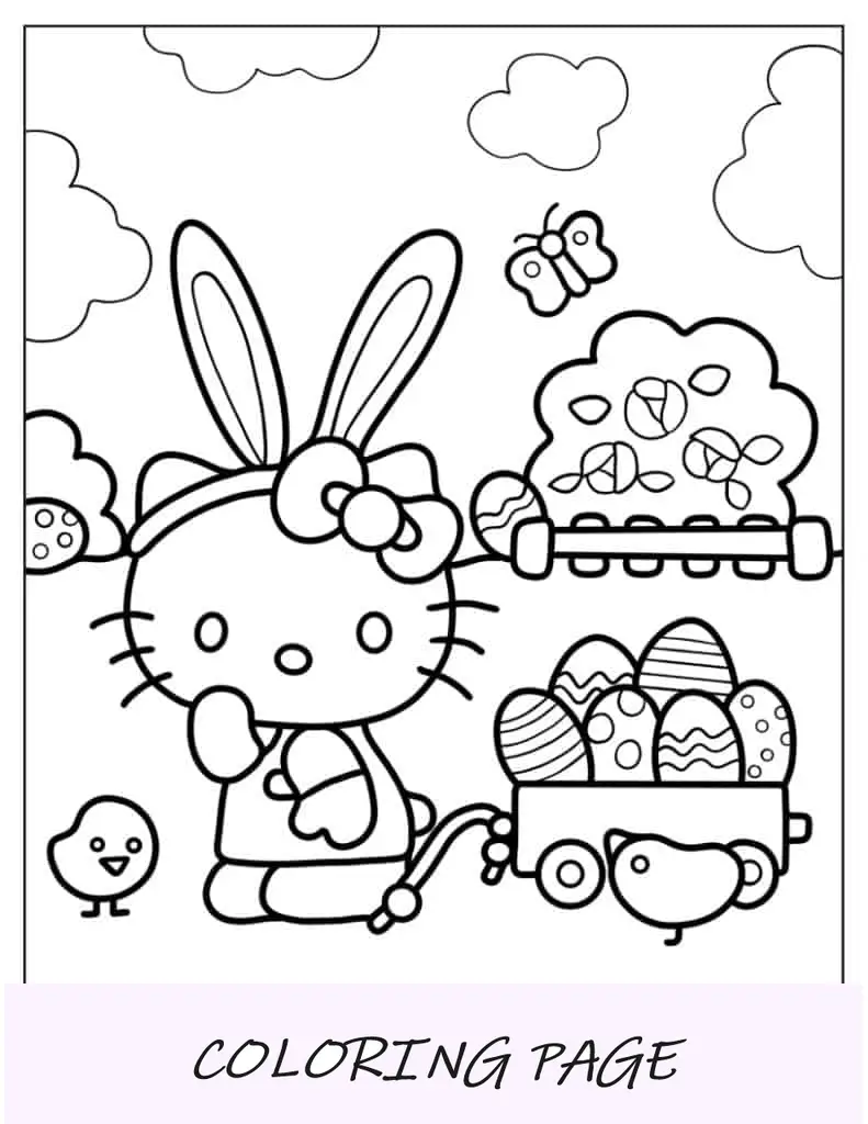 Folha para colorir da Hello Kitty coletando ovos de Páscoa