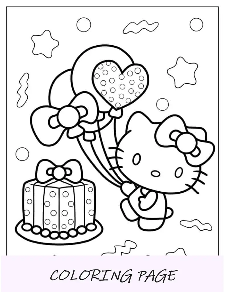 Feliz aniversário, Hello Kitty, página para colorir