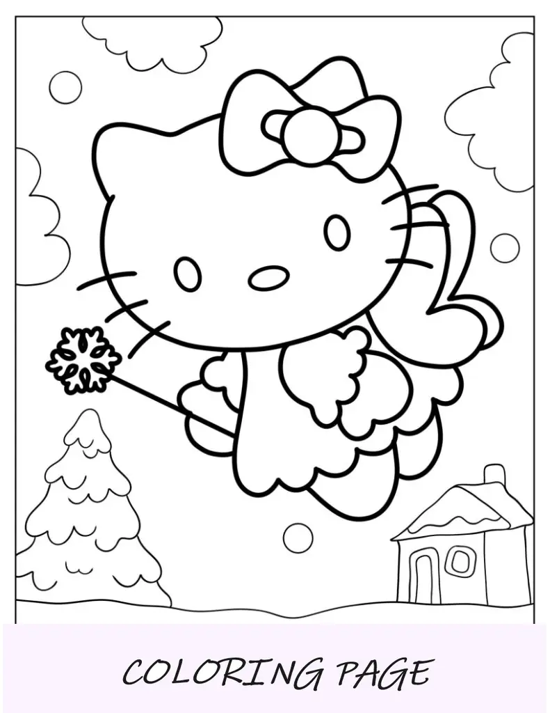 Folha para colorir da fada da Hello Kitty de inverno
