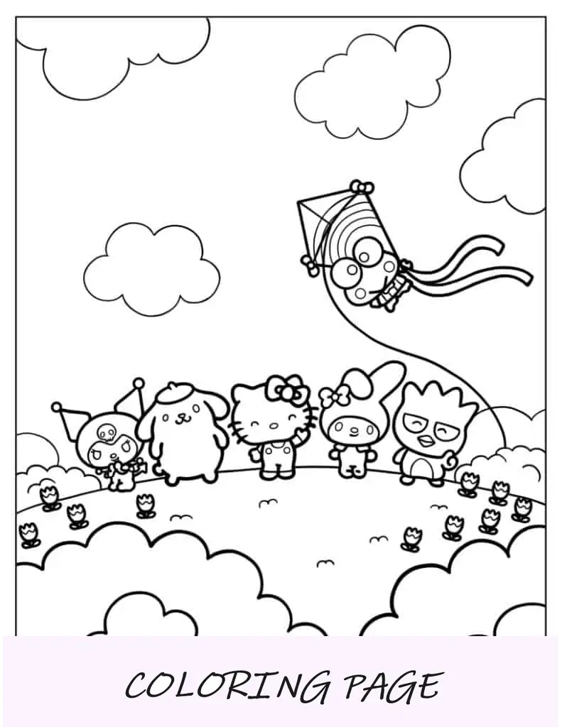 Folha para colorir da Hello Kitty Sanrio em um campo