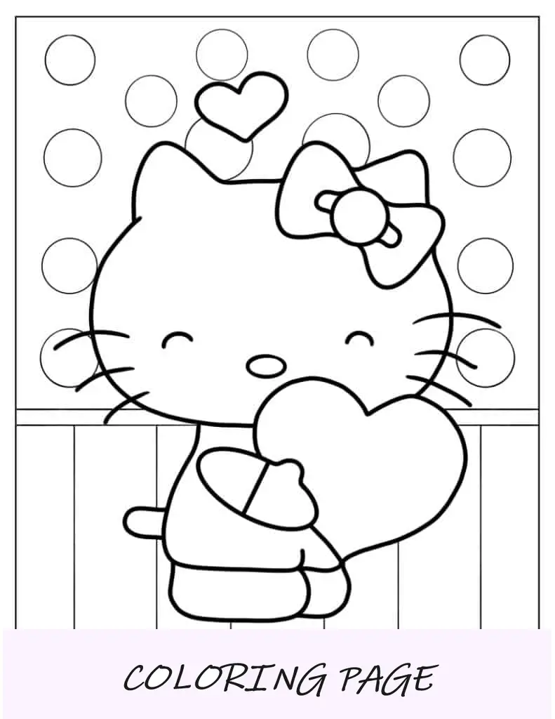 Linda página para colorir da Hello Kitty segurando um coração