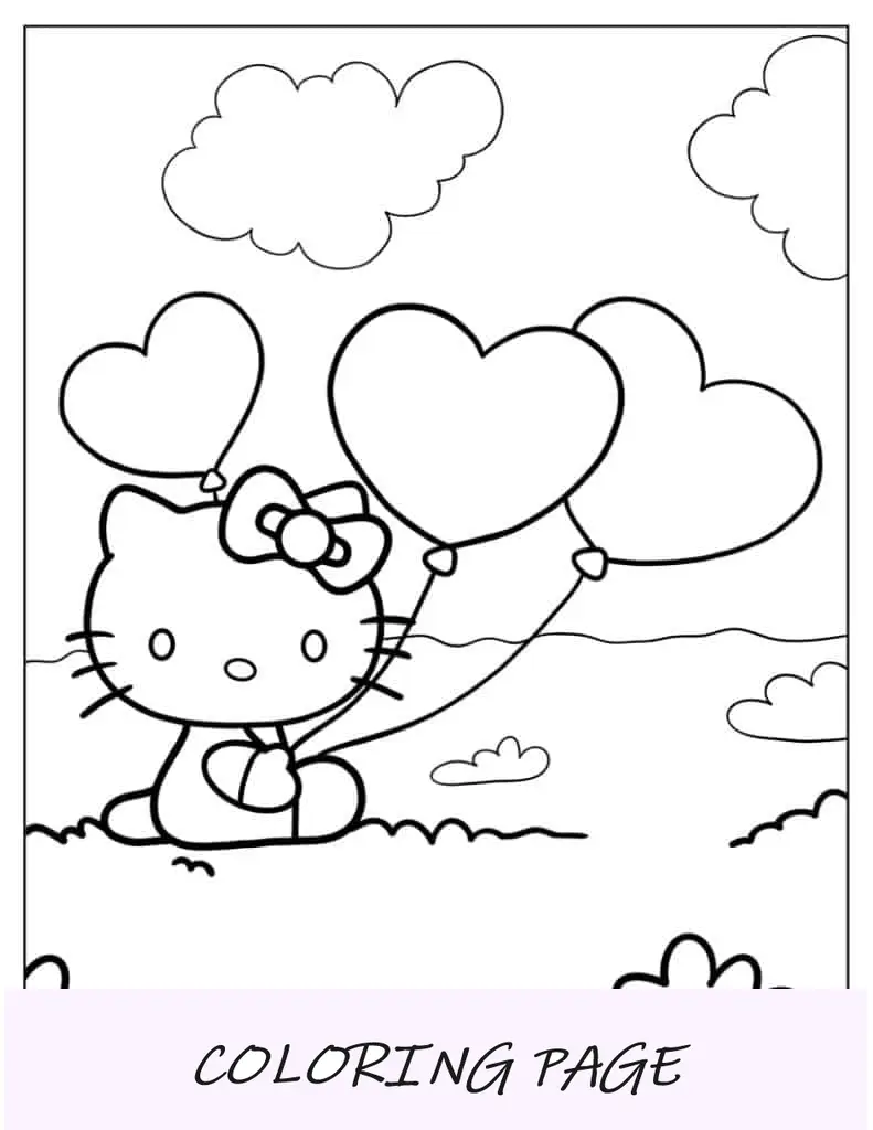 Folha para colorir da Hello Kitty segurando balões de coração