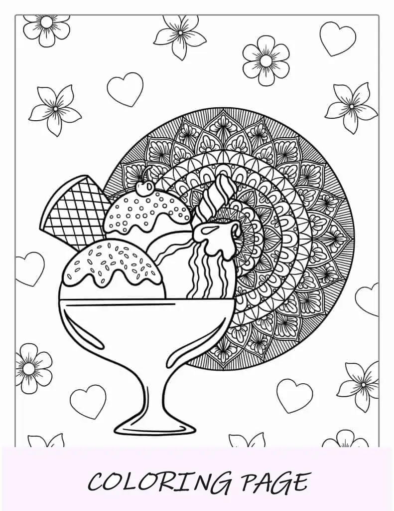 Página para colorir de sundae de sorvete de mandala