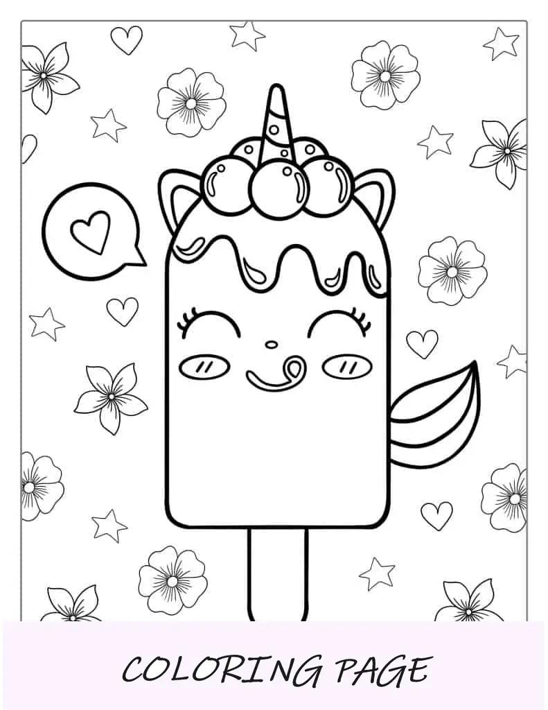 Página para colorir de sorvete com tema Unicórnio Kawaii para crianças