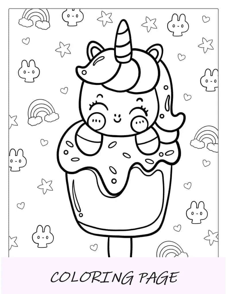 Página para colorir de sorvete de unicórnio Kawaii fofo
