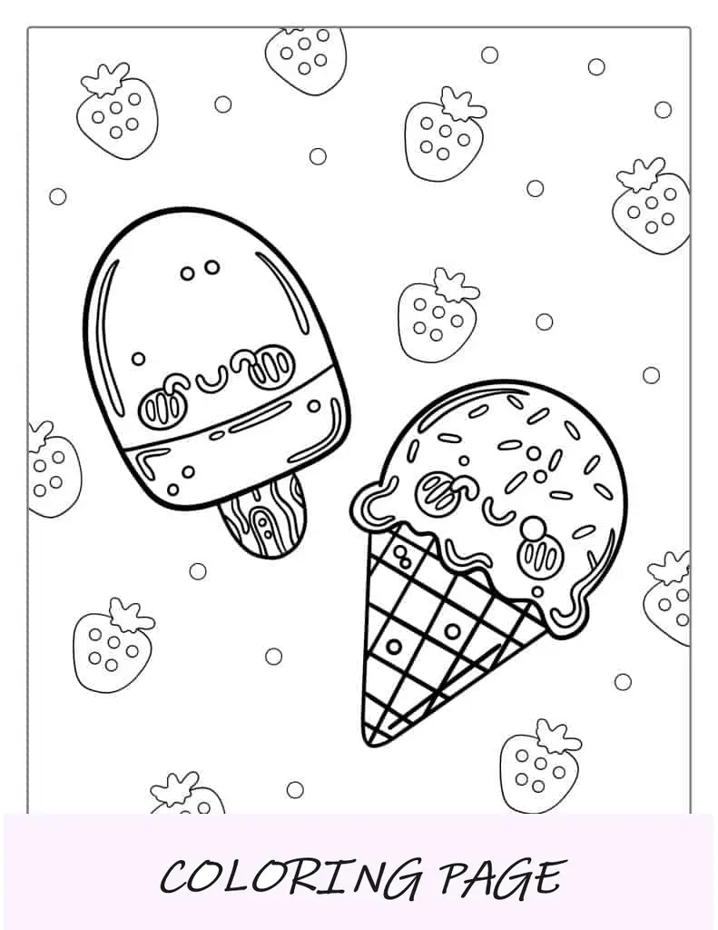 Página para colorir de sorvete de morango Kawaii fácil