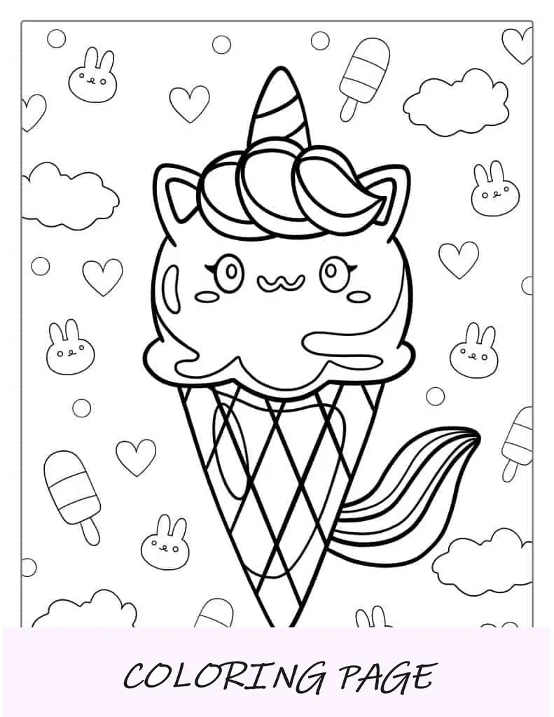 Página para colorir de um sorvete com tema de unicórnio