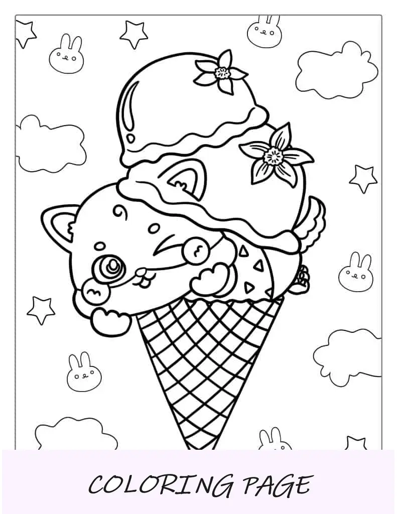 Desenho para colorir de um gato com sorvete Kawaii