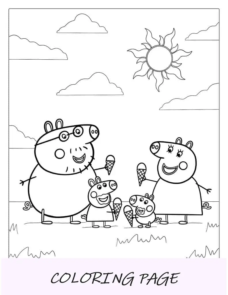 Família Peppa Pig tomando sorvete para colorir