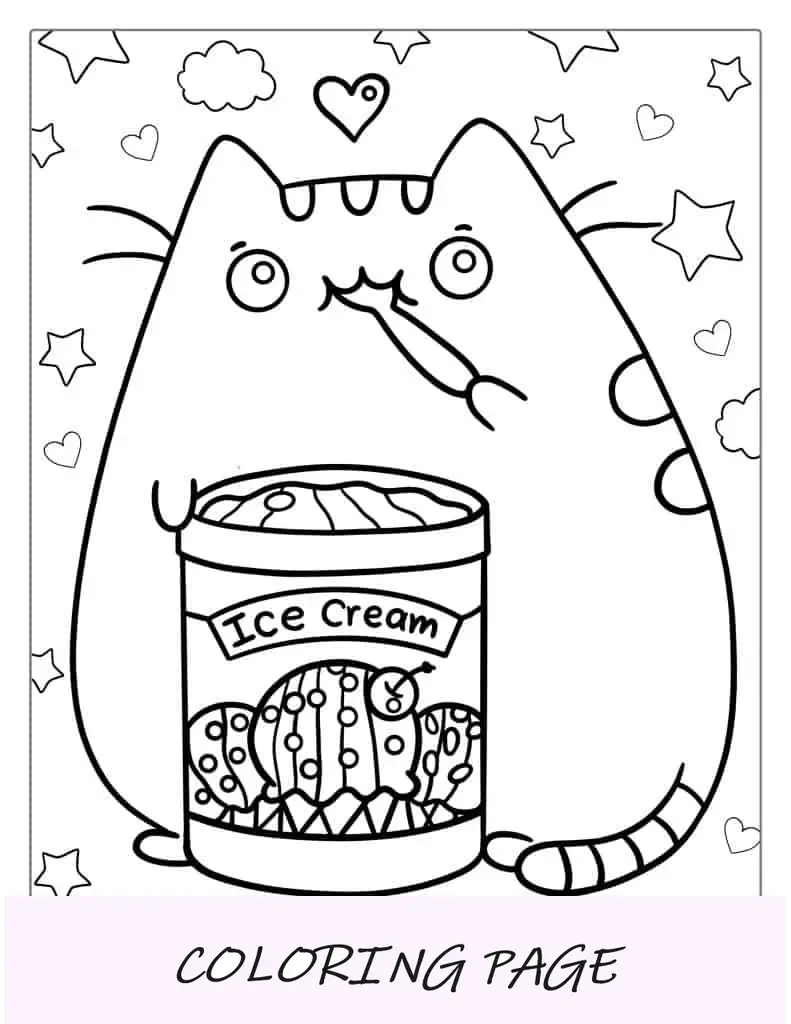 Folha para colorir de gato Pusheen comendo sorvete