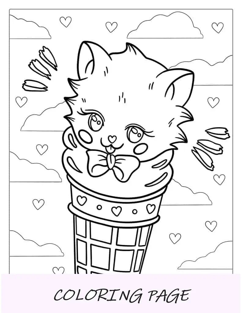 Adorável página para colorir de sorvete de gato Kawaii