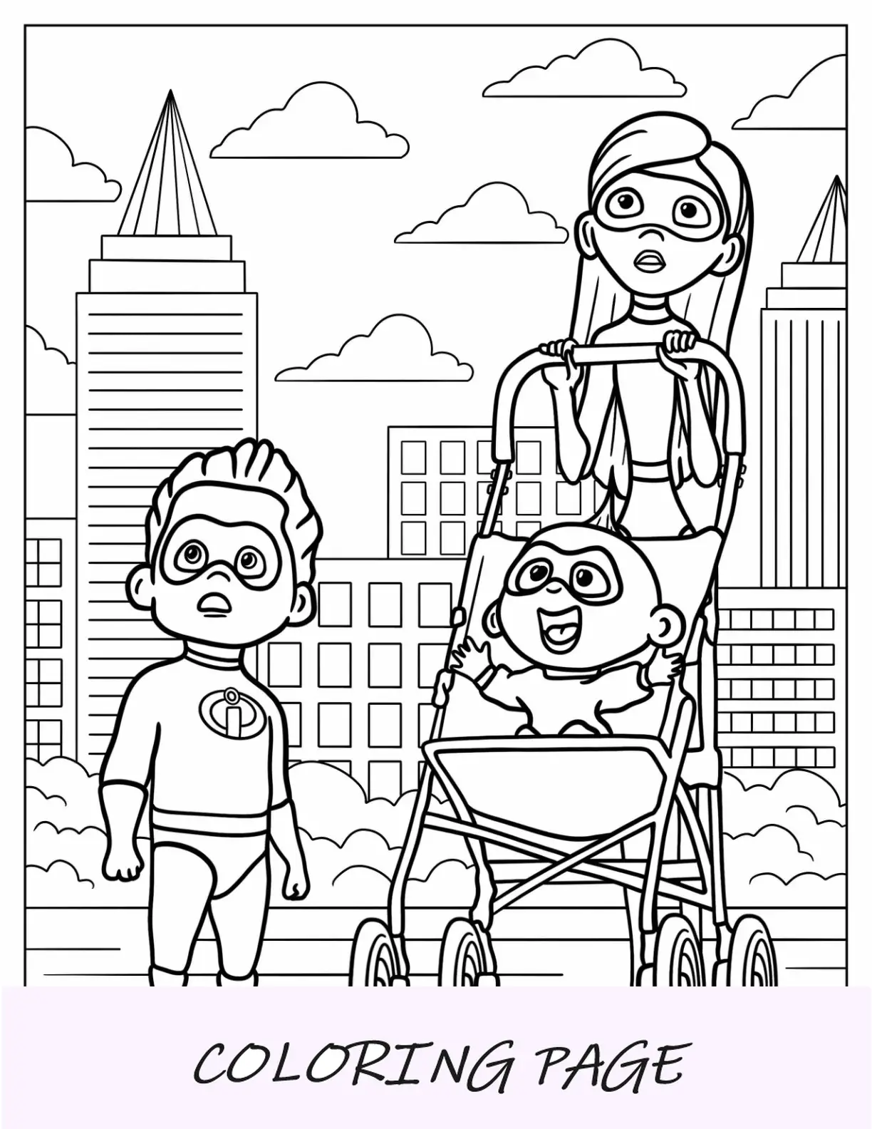 Página para colorir incrível de Violet, Jack Jack e Dash chocado olhando para cima