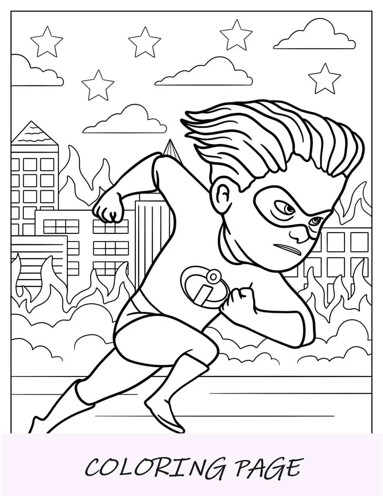 Página para colorir incrível do Dash correndo pela cidade em chamas