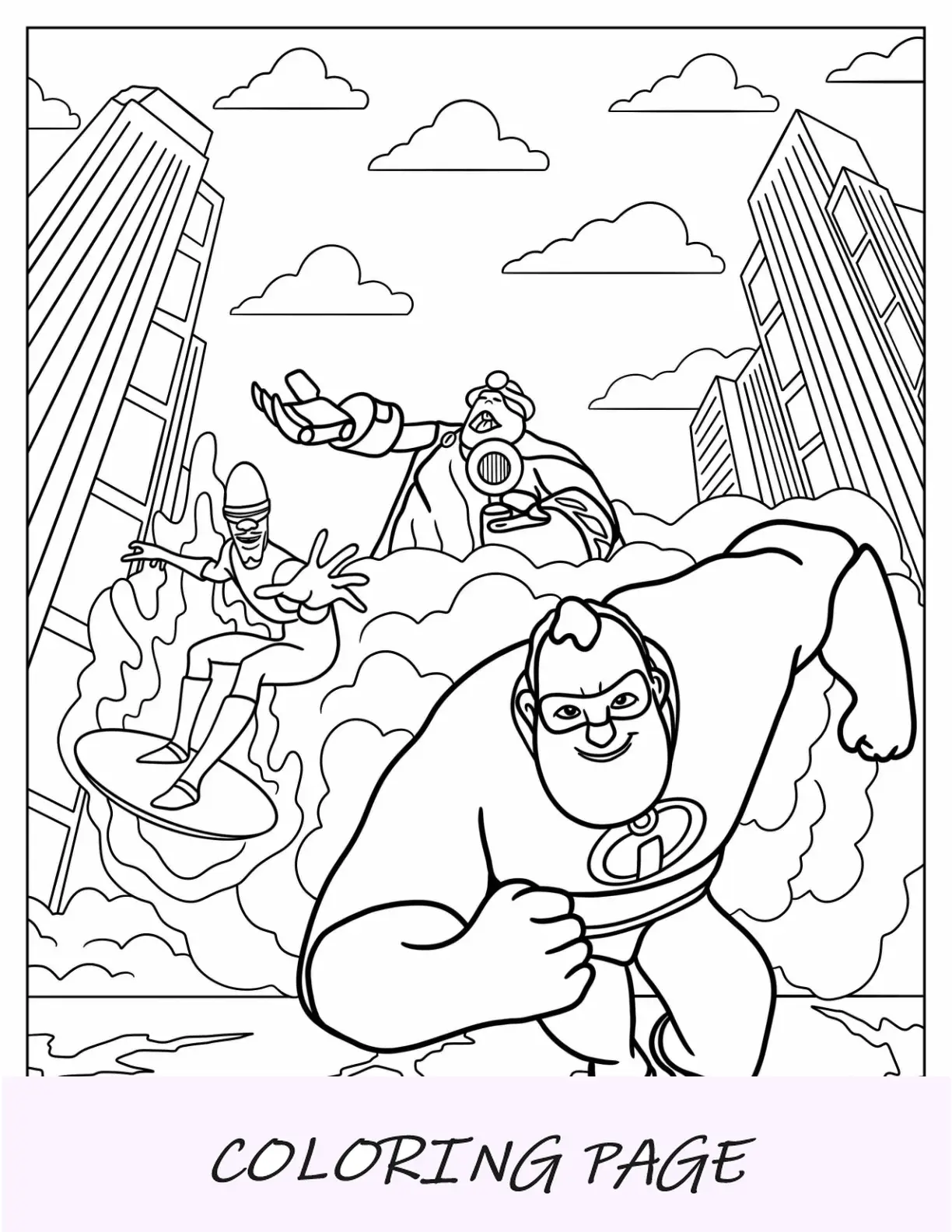 Página para colorir dos Incríveis do Sr. Incrível, Frozone e The Underminer