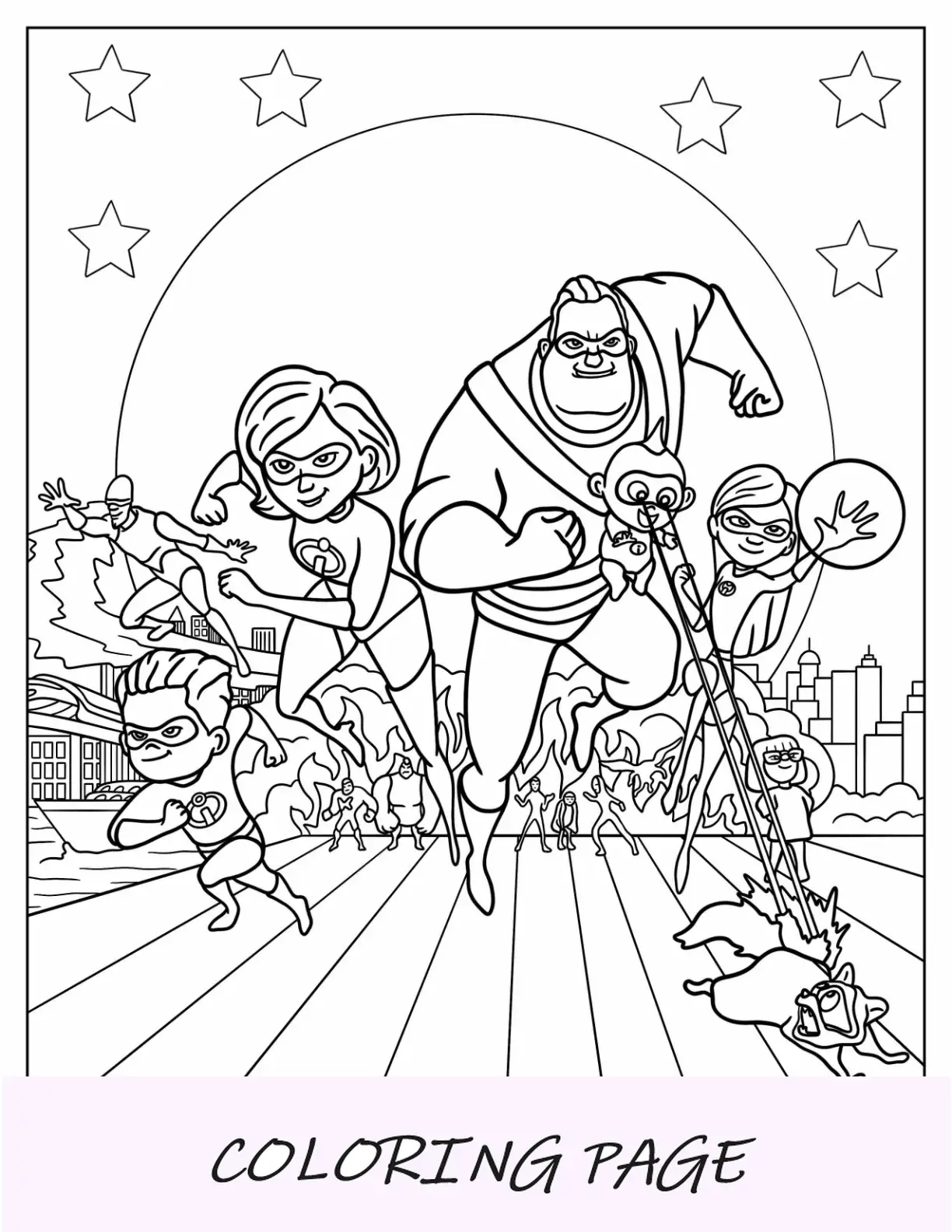 Página para colorir dos Incríveis do Sr. Incrível, Elastigirl, Violet, Dash, Frozone e Edna