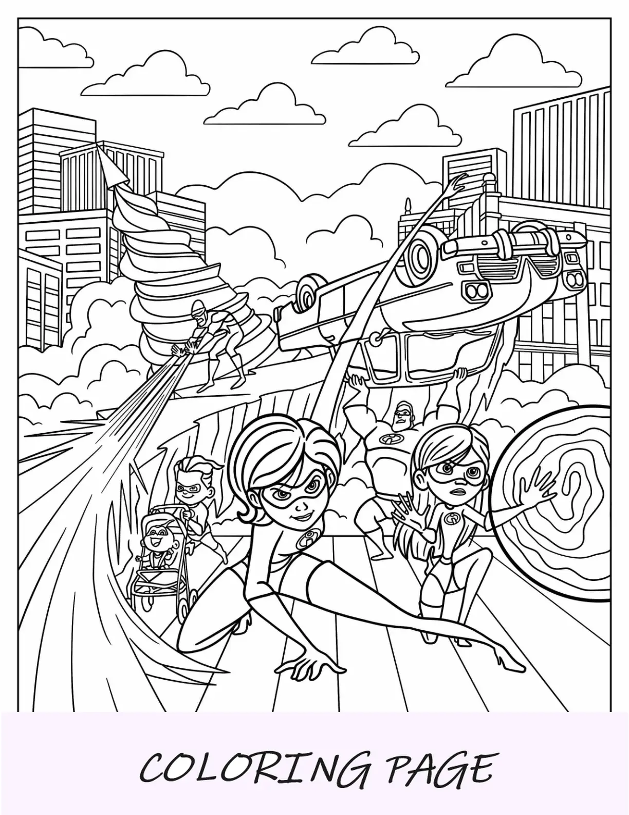 Página para colorir Incríveis Elastigirl, Violet, Dash, Jack Jack, Sr. Incrível, Frozone Fighting Villain