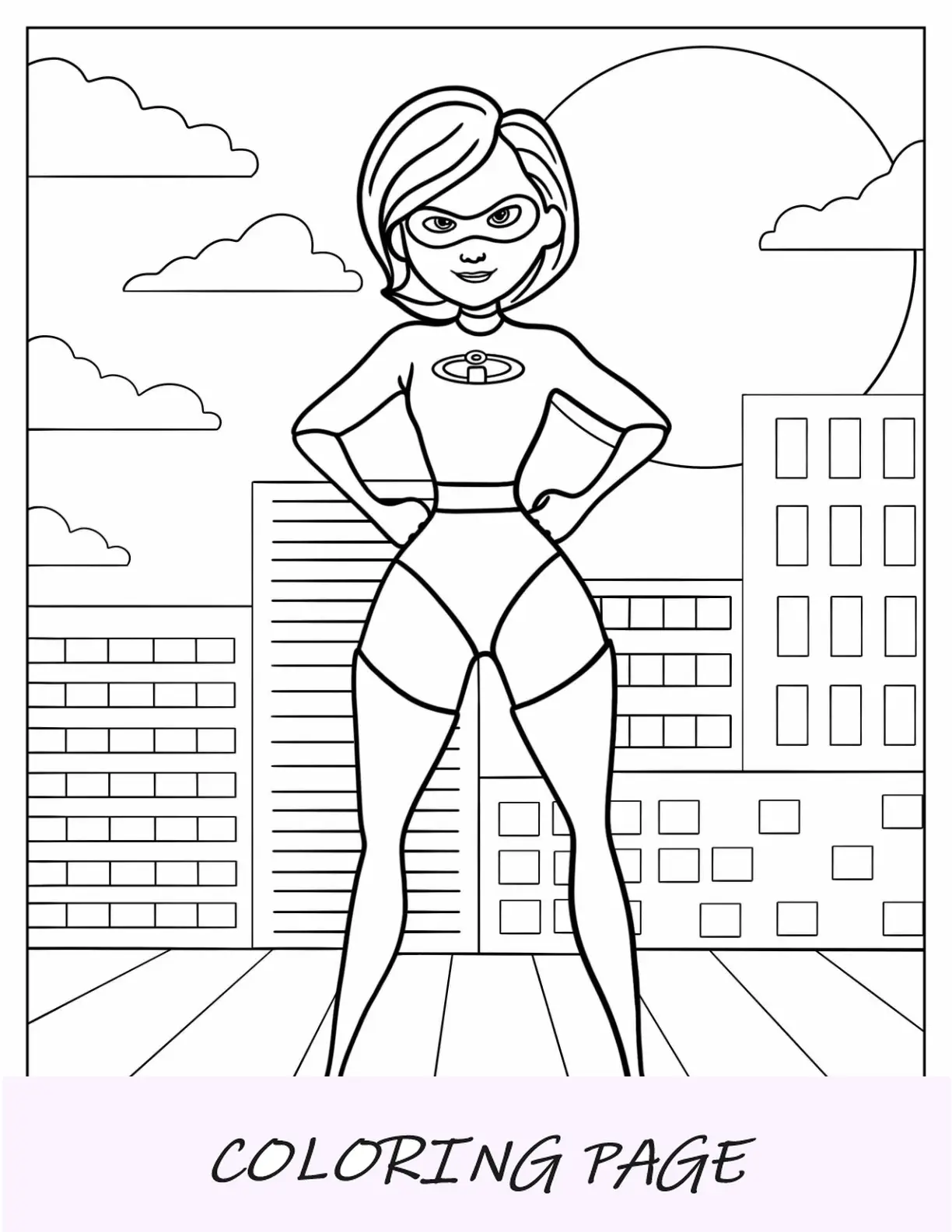 Página para colorir incrível de Elastigirl em pé com as mãos na cintura