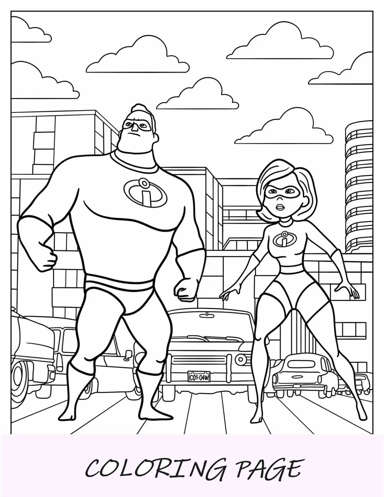 Página para colorir dos Incríveis de Easy Mr. Incredibles e Elastigirl lutando na cidade
