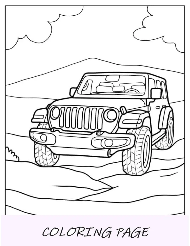 Dibujo para colorear de Jeep con montañas de fondo