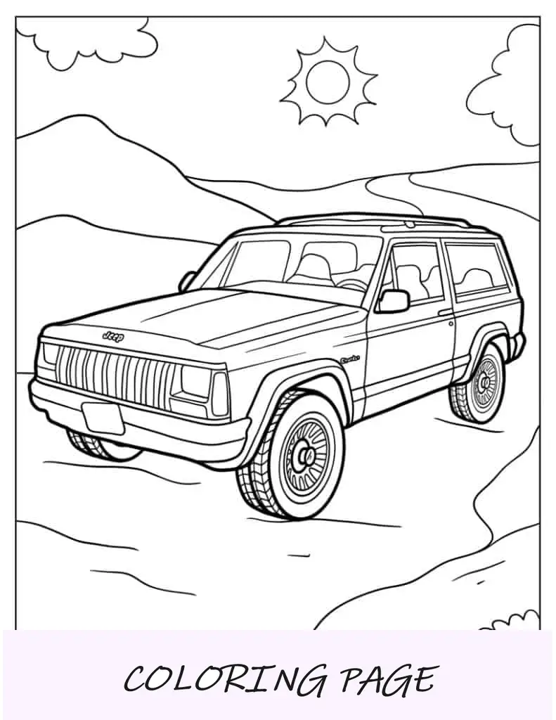 Hoja para colorear de Jeep en un día soleado