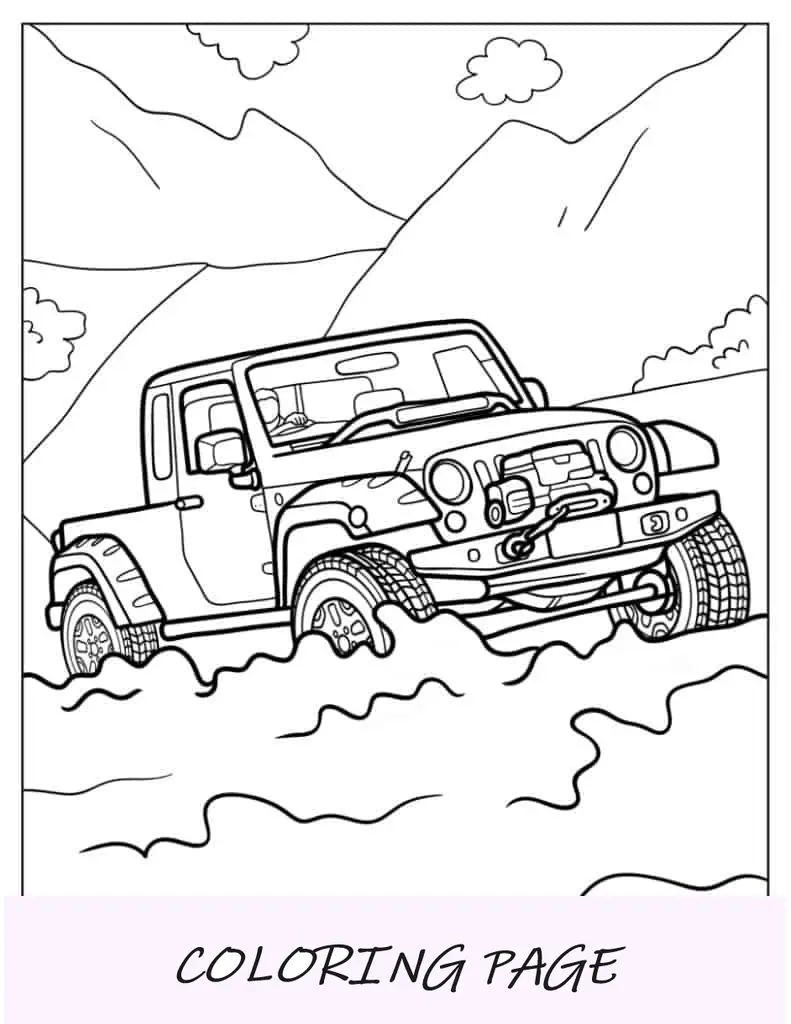 Hoja para colorear fácil de Jeep cruzando el agua