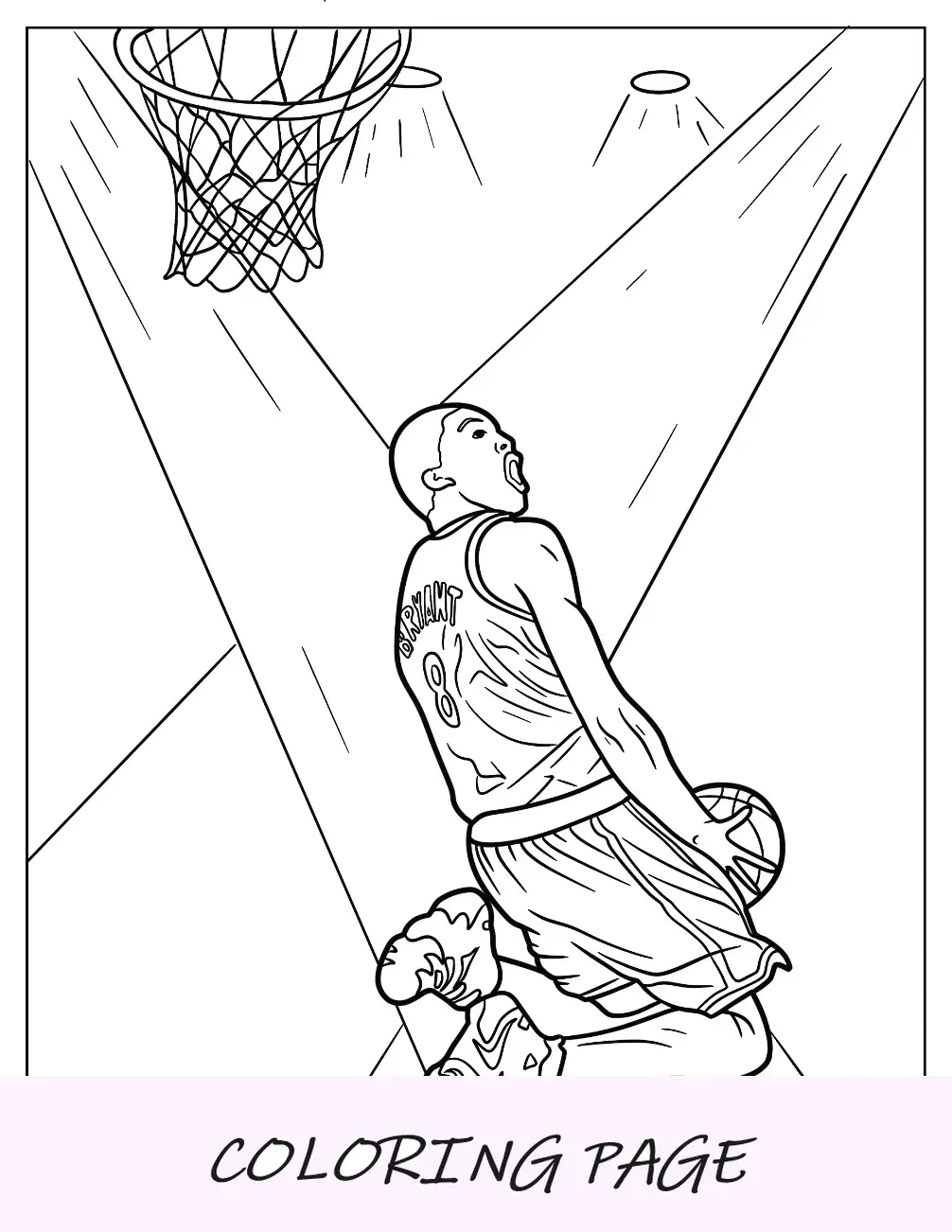 Página para colorear de Kobe Bryant con foco en la cancha de baloncesto