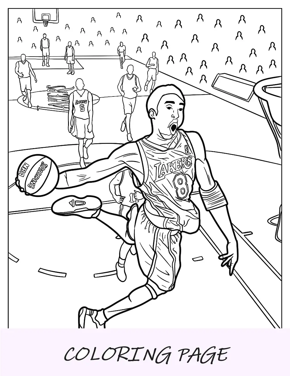 Página para colorear de Kobe Bryant en el aire para encestar la pelota durante el juego