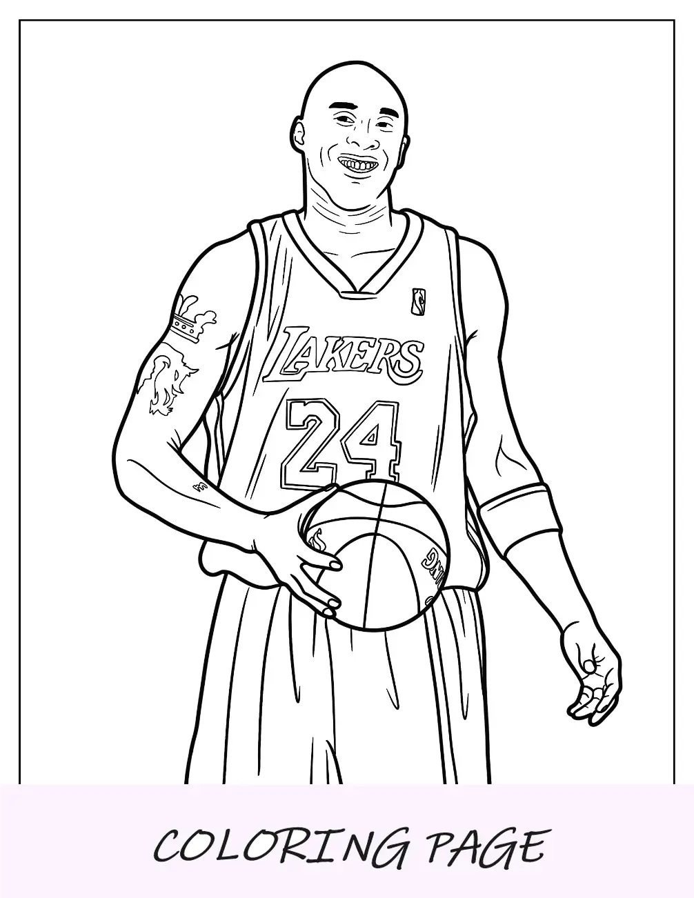Página para colorear de Kobe Bryant sonriendo sosteniendo una pelota de baloncesto