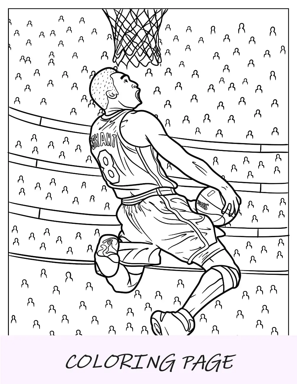 Dibujo para colorear de Kobe Bryant en el aire con baloncesto