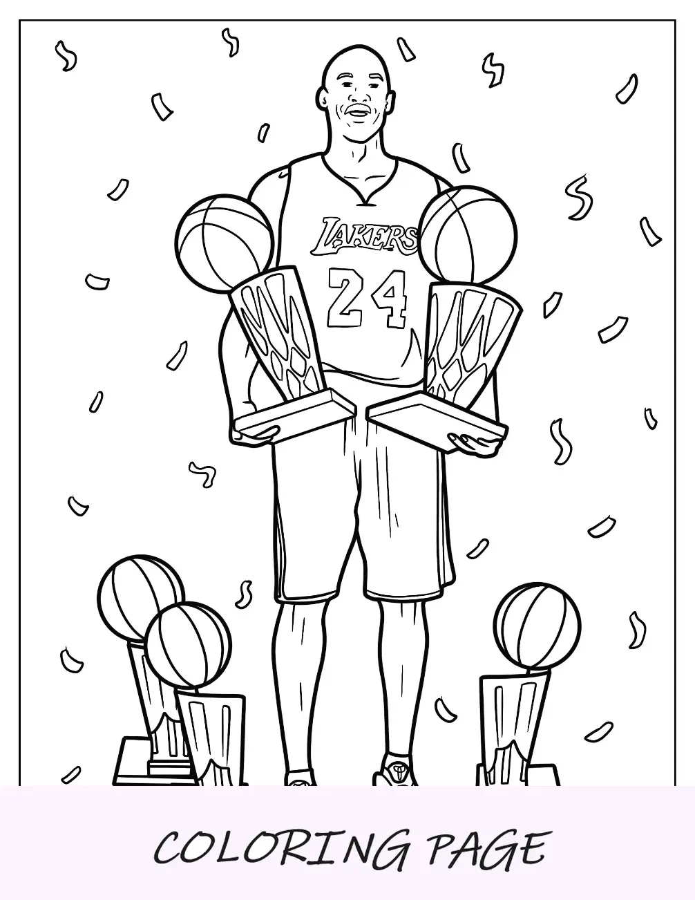 Dibujo para colorear de Kobe Bryant sosteniendo dos trofeos con confeti
