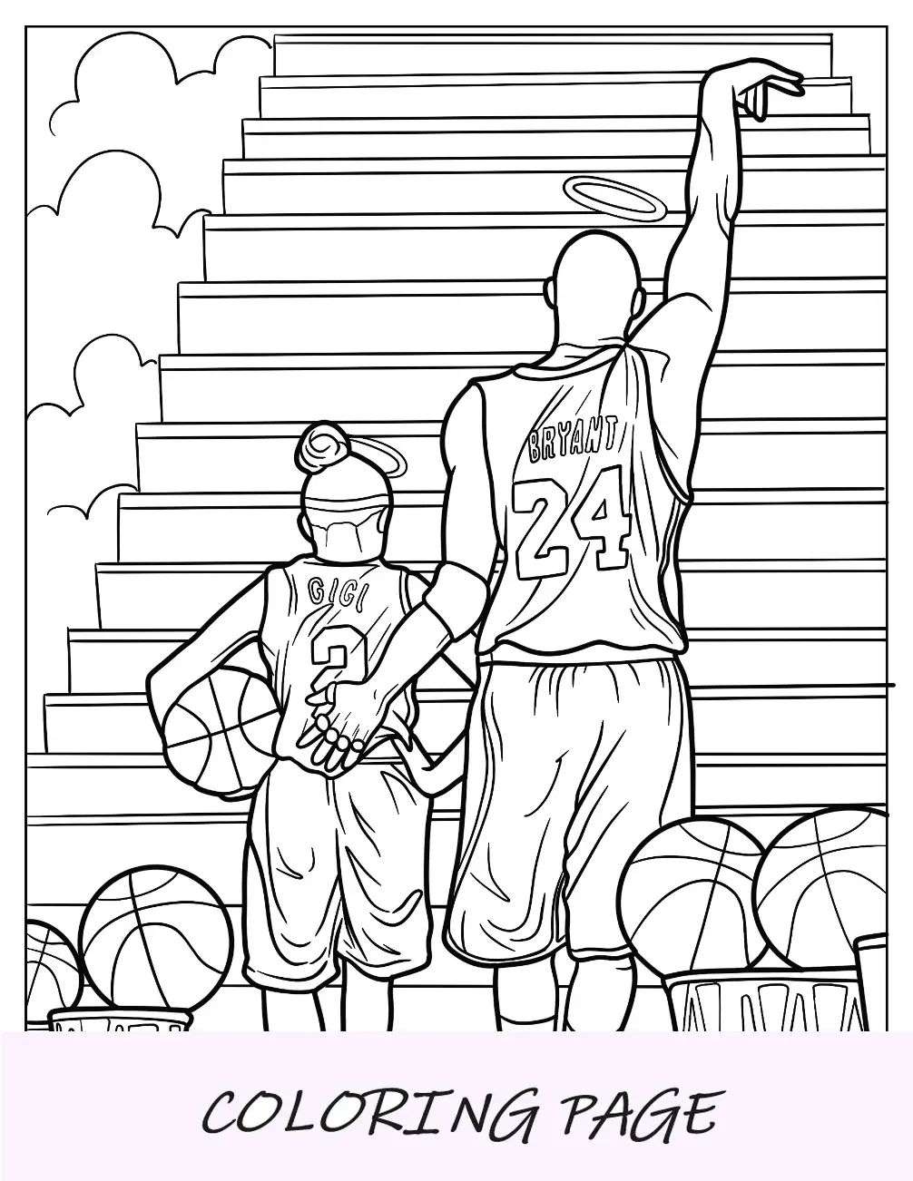 Página para colorear de Kobe Bryant con Gianna subiendo las escaleras al cielo con halos