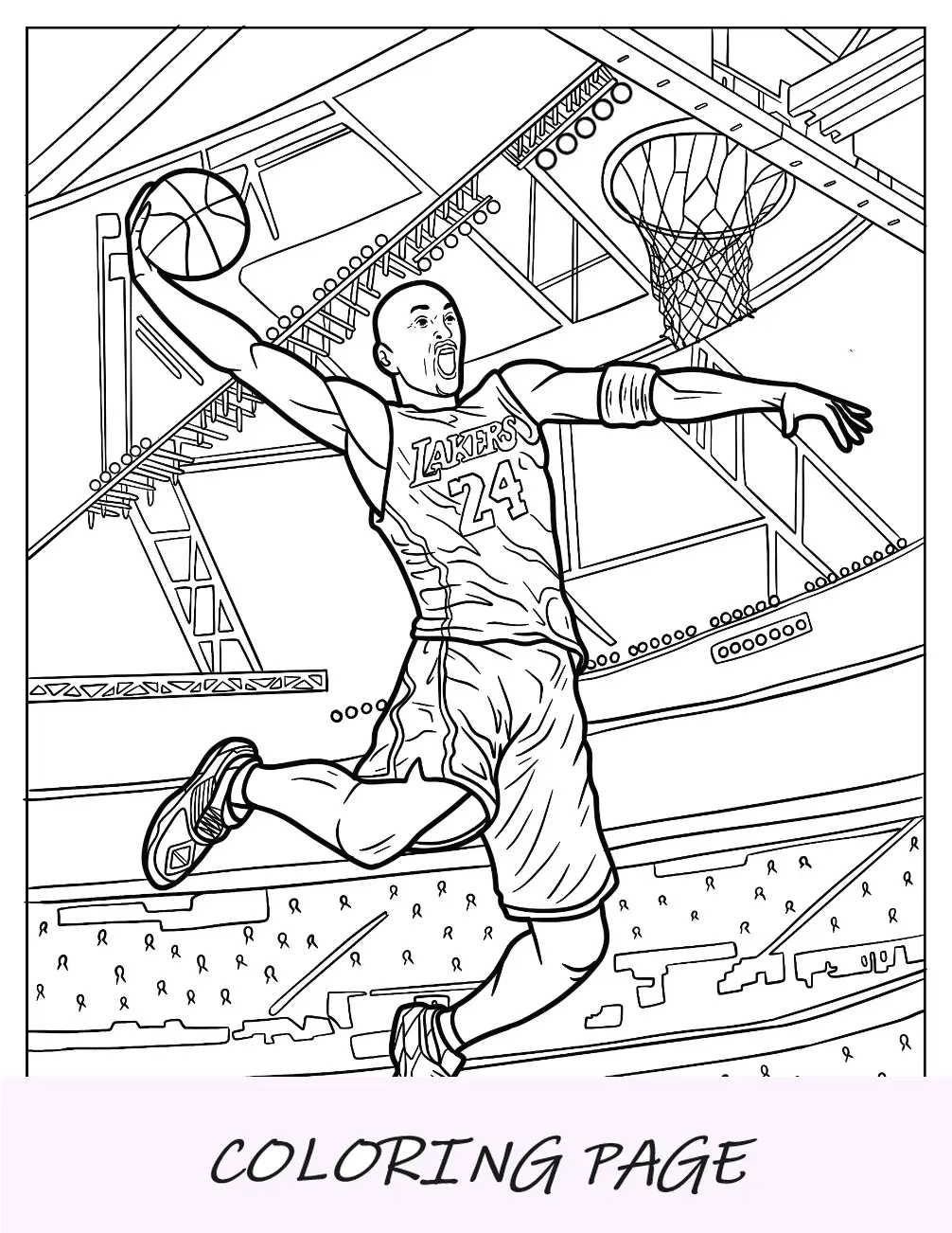 Página detallada para colorear de Kobe Bryant a punto de realizar un mate