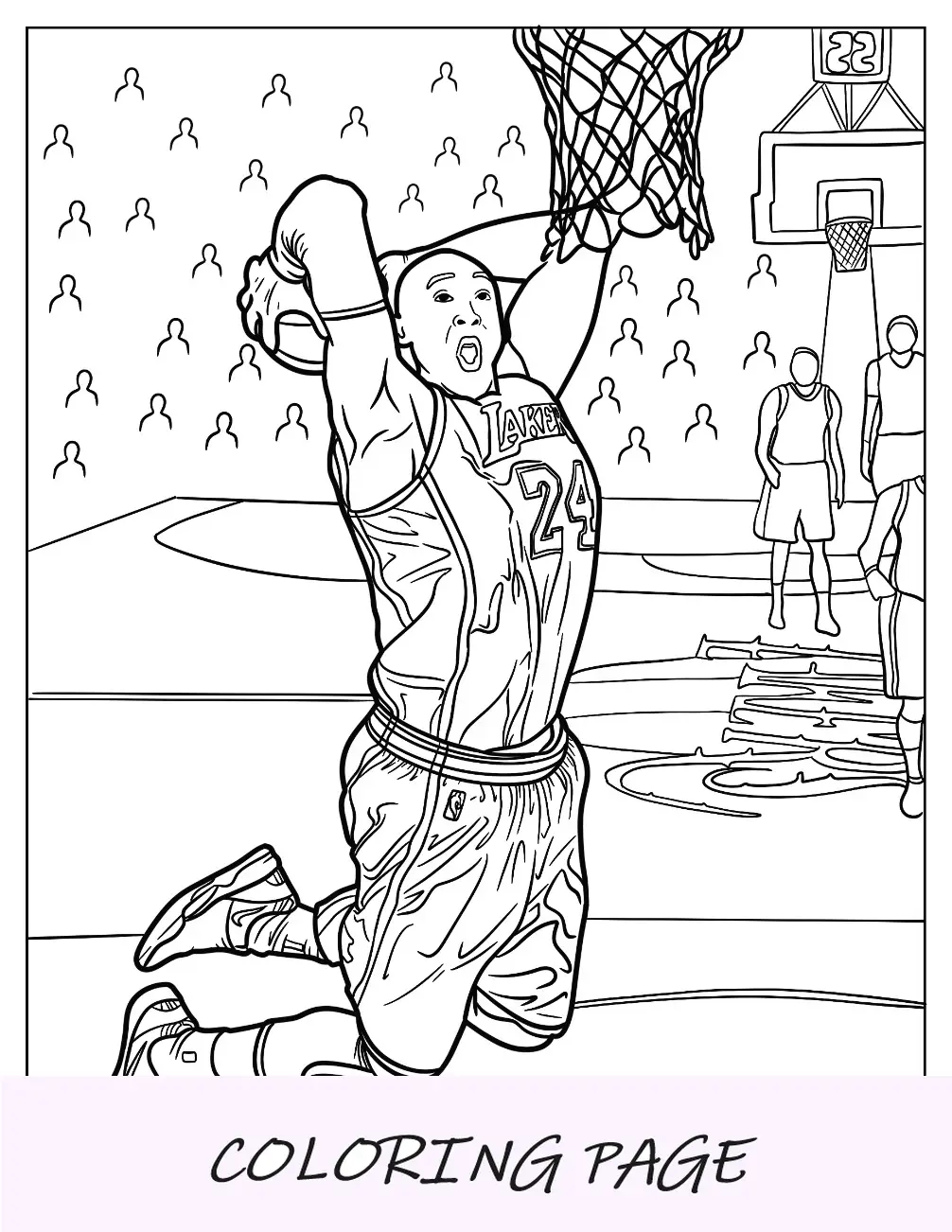 Página detallada para colorear de Kobe Bryant a punto de hacer un mate de baloncesto