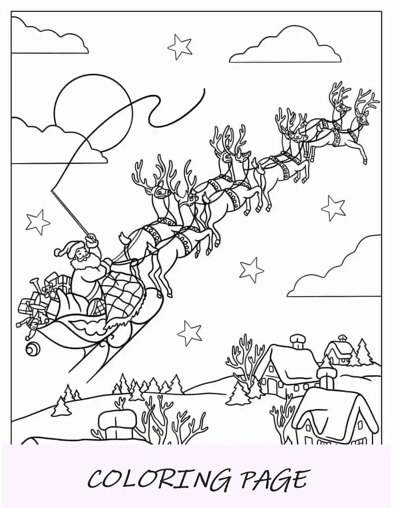 Santa sosteniendo un saco de regalos junto al árbol de Navidad
